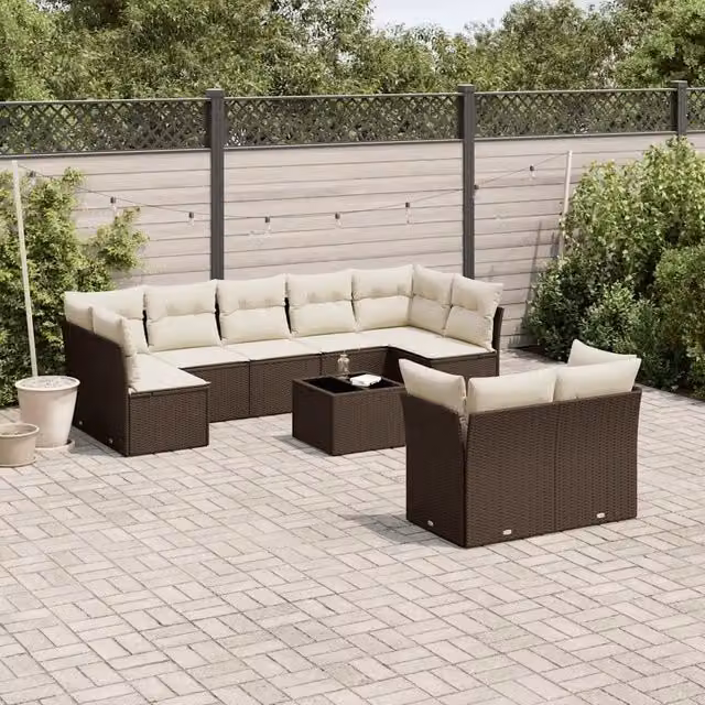 Set Divani da Giardino 10pz con Cuscini in Polyrattan Marrone 3218163