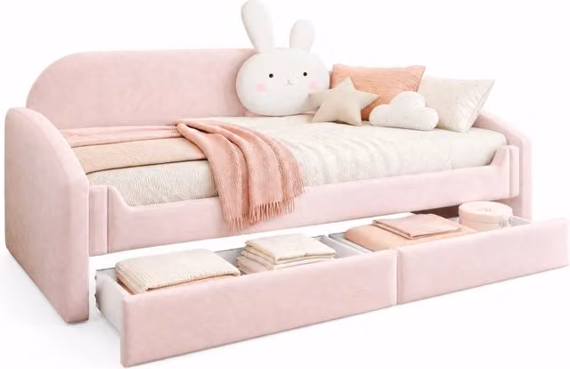 Letto per bambini 90x200 cm con 2 cassetti; LED e schienale con cuscino a coniglio; rosa
