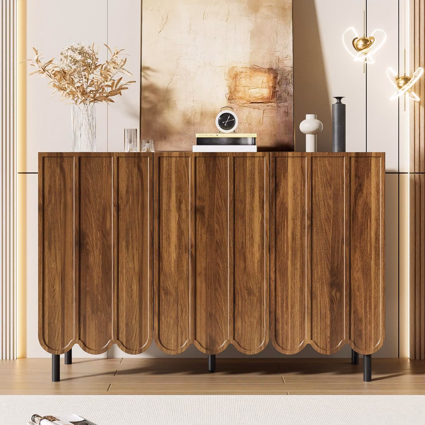 Credenza senza maniglie con ante a onda, effetto legno, 120×35×80 cm, moderna