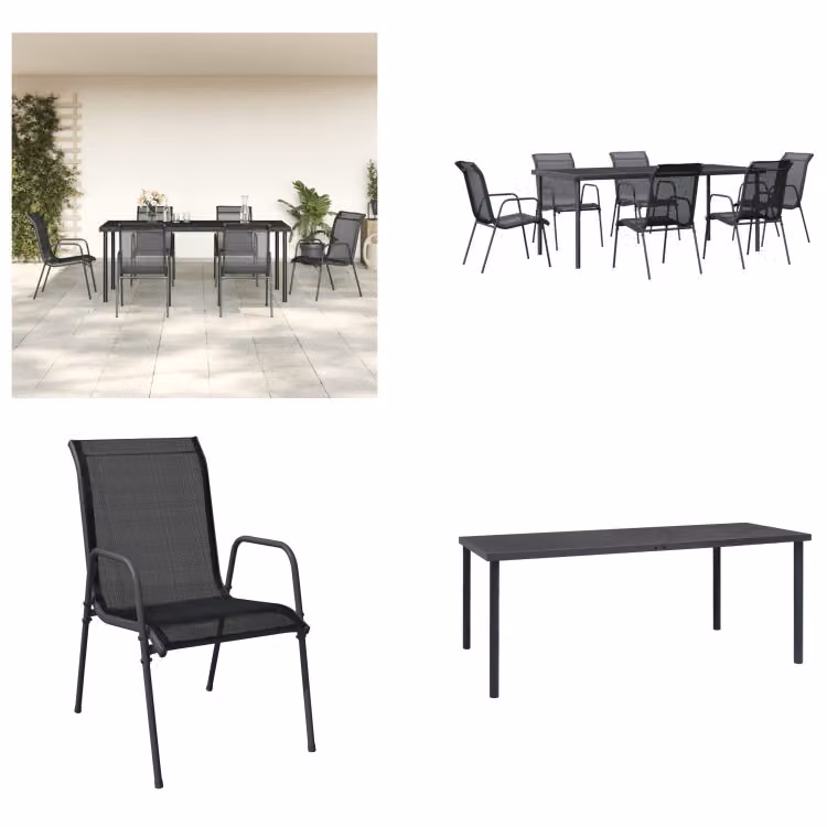 vidaXL set da pranzo da giardino 7 pezzi acciaio nero e textilene - set da pranzo da giardino - gruppo di sedute da giardino - gruppo di sedute da esterno - tavolo da giardino