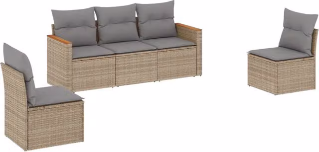 Set Divano da Giardino 5 pz | Set Salotto da Giardino con Cuscini Beige in Polyrattan