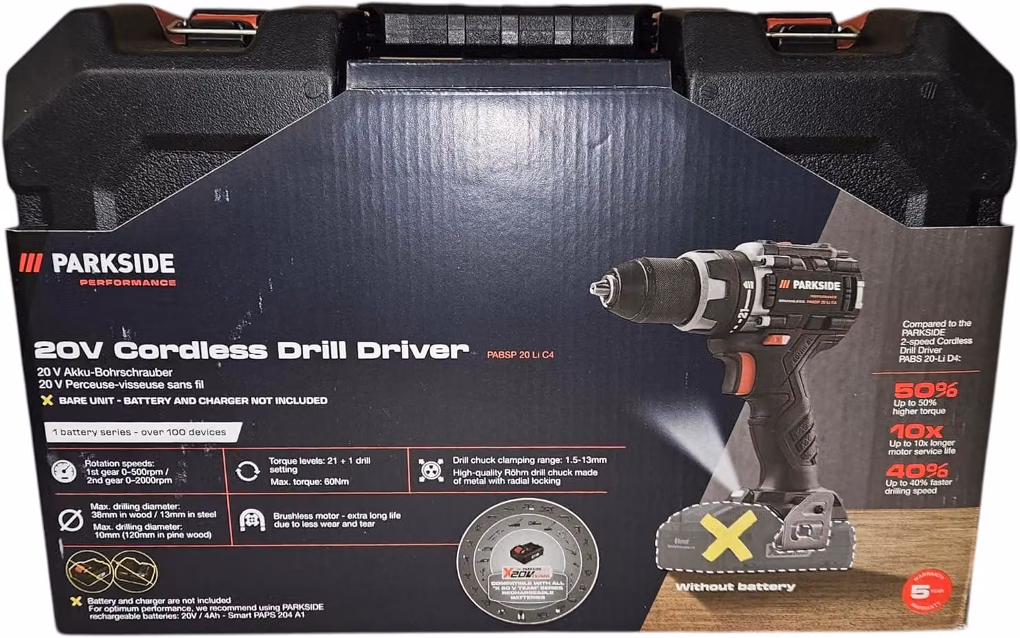 Trapano avvitatore Accu da 20V, brushless, con coppia di 60 Nm, completo di batteria e caricabatterie