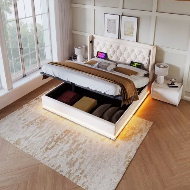Letto matrimoniale imbottito 180x200 cm beige in cotone con contenitore idraulico, testiera con ricarica USB Tipo-C e illuminazione LED a 3 lati (senza materasso)