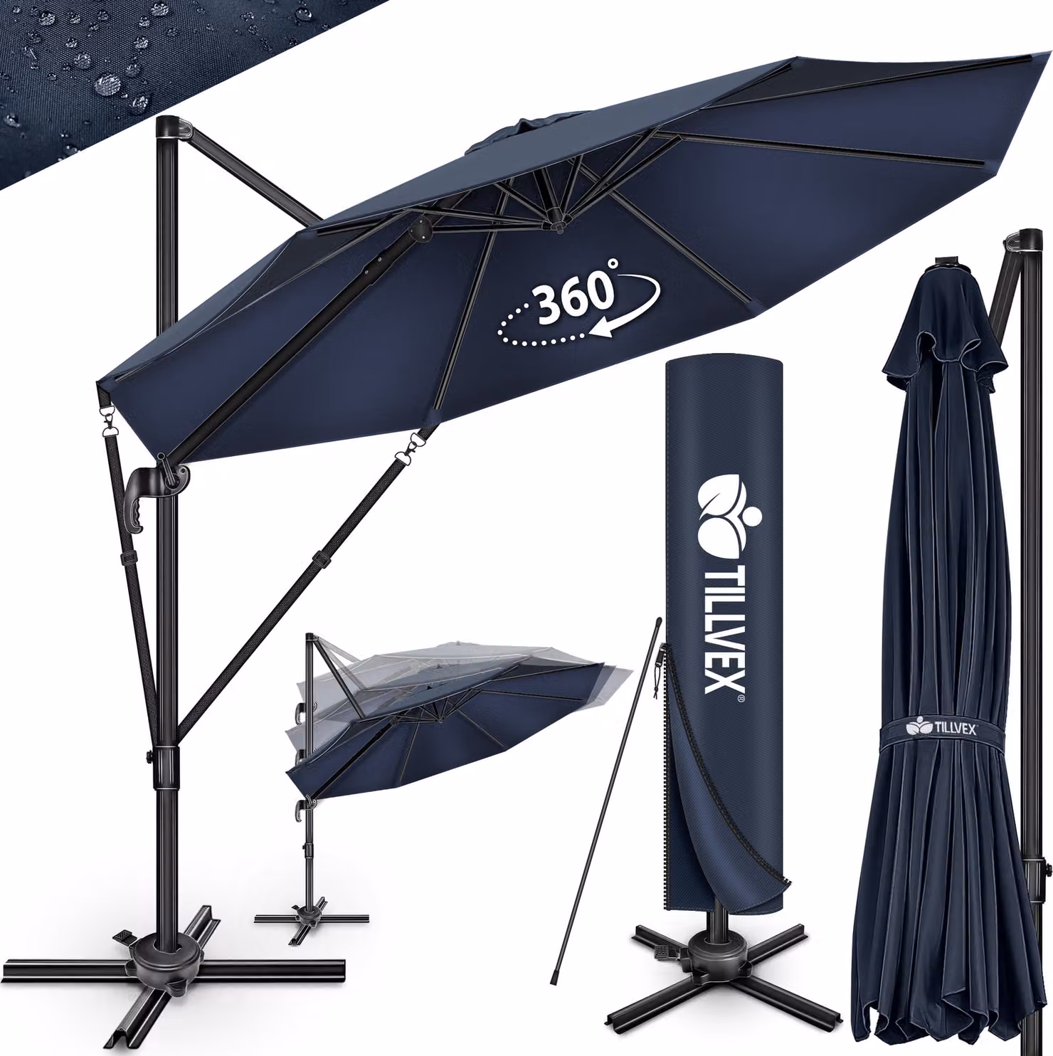 tillvex® Premium ombrellone in alluminio 330 cm blu navy + copertura e protezione dal vento | ombrellone a sbalzo 6 pieghevole regolabile con manovella | ombrellone da giardino girevole a 360° inclinabile | ombrellone a manovella UV50+ grande impermeabile