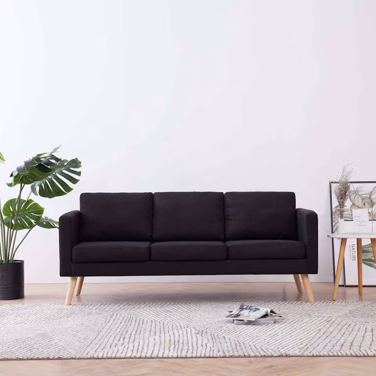 vidaXL Divano a 3 Posti Moderno in Tessuto Nero con Struttura in Legno Solido