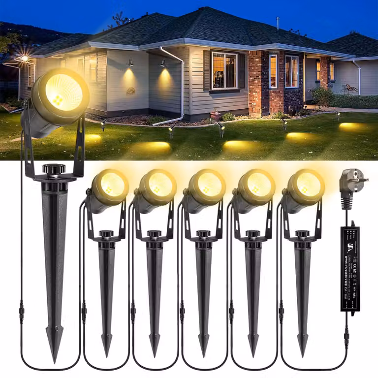 6 lampade da giardino a LED con picchetto da terra, cavo da 21 metri, 1800 lumen, grado di protezione IP65