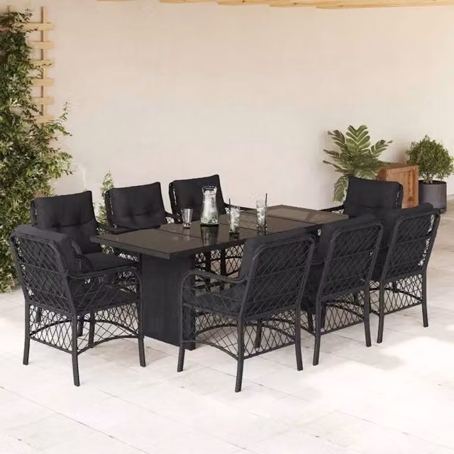 Set da pranzo da giardino vidaXL in polyrattan nero con cuscini e tavolo in vetro, 9 pezzi – 1