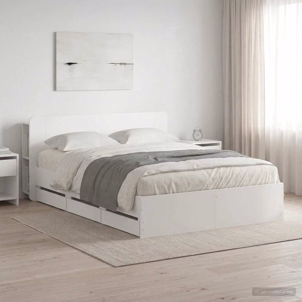 vidaXL Struttura letto moderna con contenitore e testata in legno bianco L/P/H: 221.5 x 150 x 80 cm