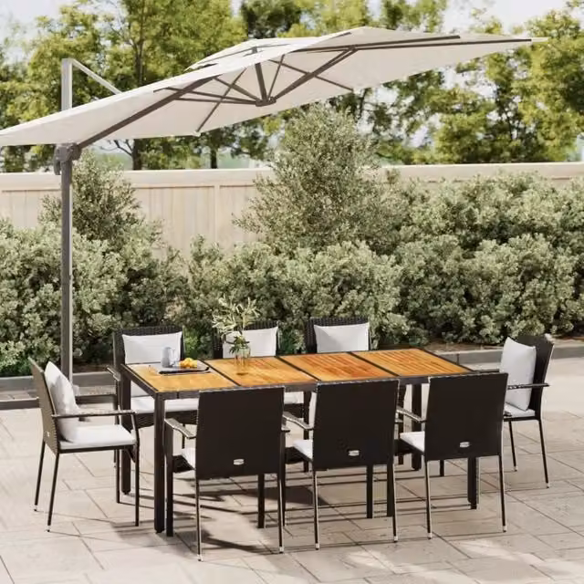 Set da Pranzo da Giardino 9 pz con Cuscini Nero in Polyrattan 3184992