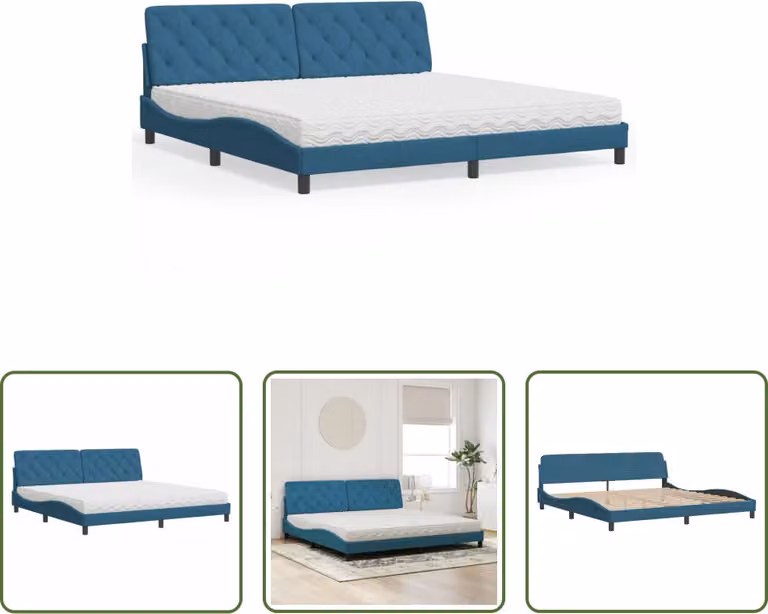 The Living Store Letto con materasso blu 200x200 cm in velluto
