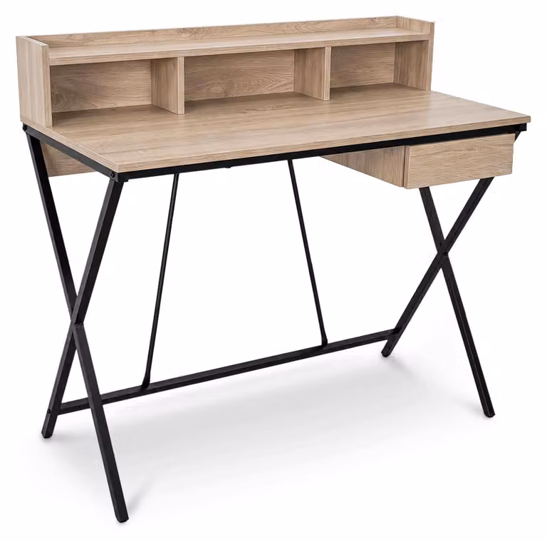 Scrivania PC industriale Rovere Sonoma FLEXO 100 cm 1 cassetto 1 ripiano gambe nere