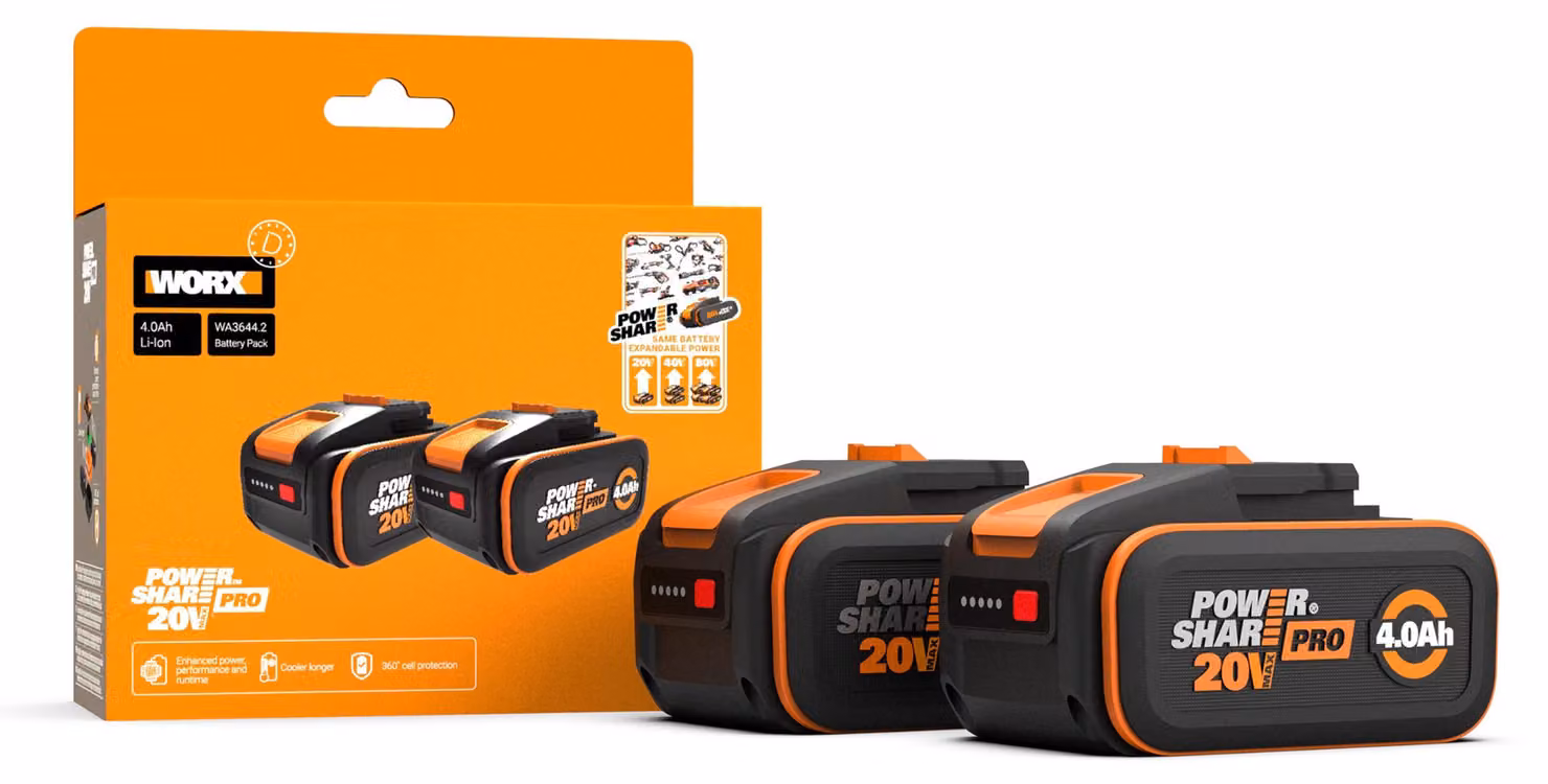 WORX WA3644.2, batteria Original PowerShare Pro da 20V, confezione da 2 pezzi, tecnologia Li-Ion, capacità 4,0 Ah