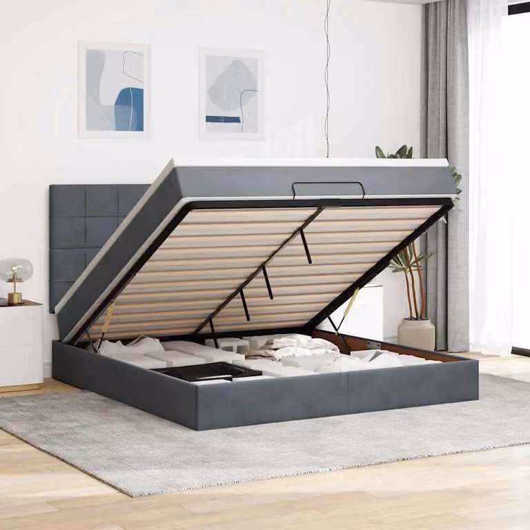 Letto con contenitore a sollevamento vidaXL in velluto grigio e bianco, L/P/H: 203 x 160 x 128 cm