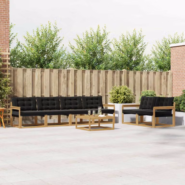 Set di divani da esterno vidaXL 7 pezzi in legno di acacia con tavolino e cuscini, Bianco e Nero