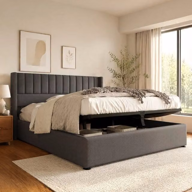 Letto contenitore idraulico REDOM in lino grigio e beige L/P: 160 x 200 cm – 1