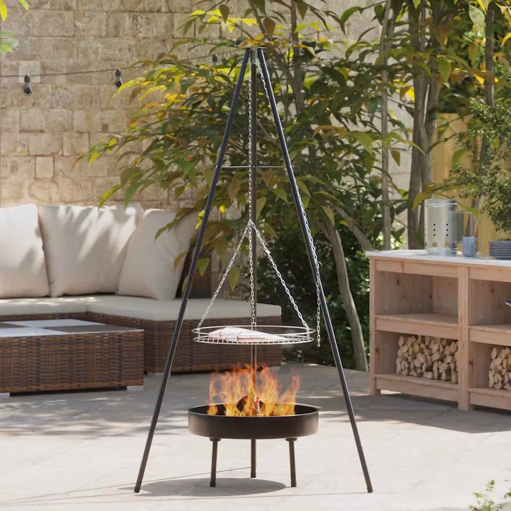 Set di 3 treppiedi da campeggio vidaXL in acciaio nero per cucina all'aperto