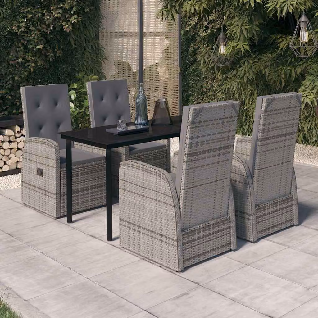 Set da pranzo da giardino vidaXL in polyrattan con cuscini e tavolo in vetro, 5 pezzi, Grigio e Nero