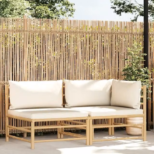 Set Divani da Giardino 2 pz con Cuscini Bianco Crema in Bambù 313143