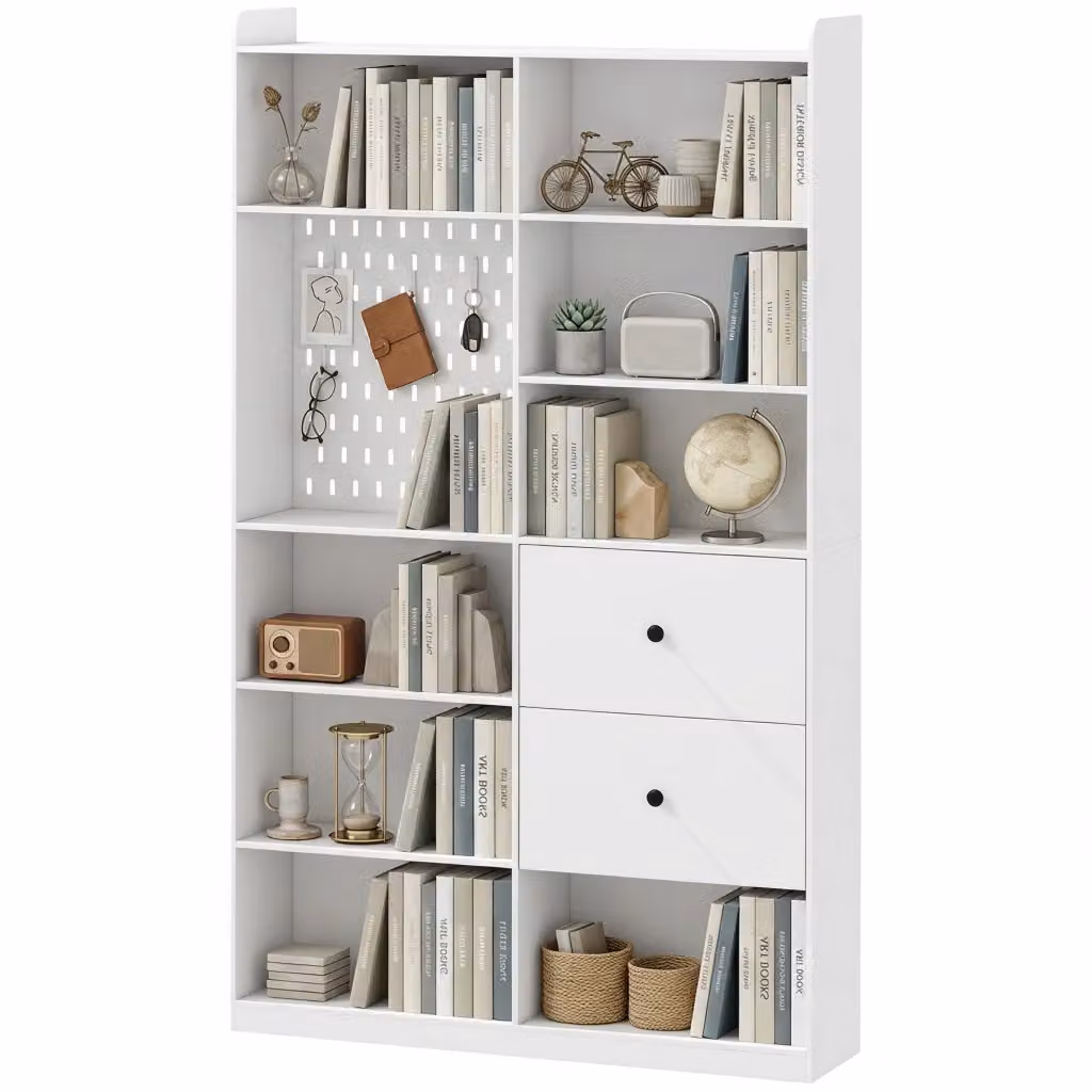 Libreria Moderna DESIGN IN con 6 Livelli, Cassetti e Pannello Forato, Bianco o Nero, L: 120 cm, H: 200 cm, P: 30 cm – 2