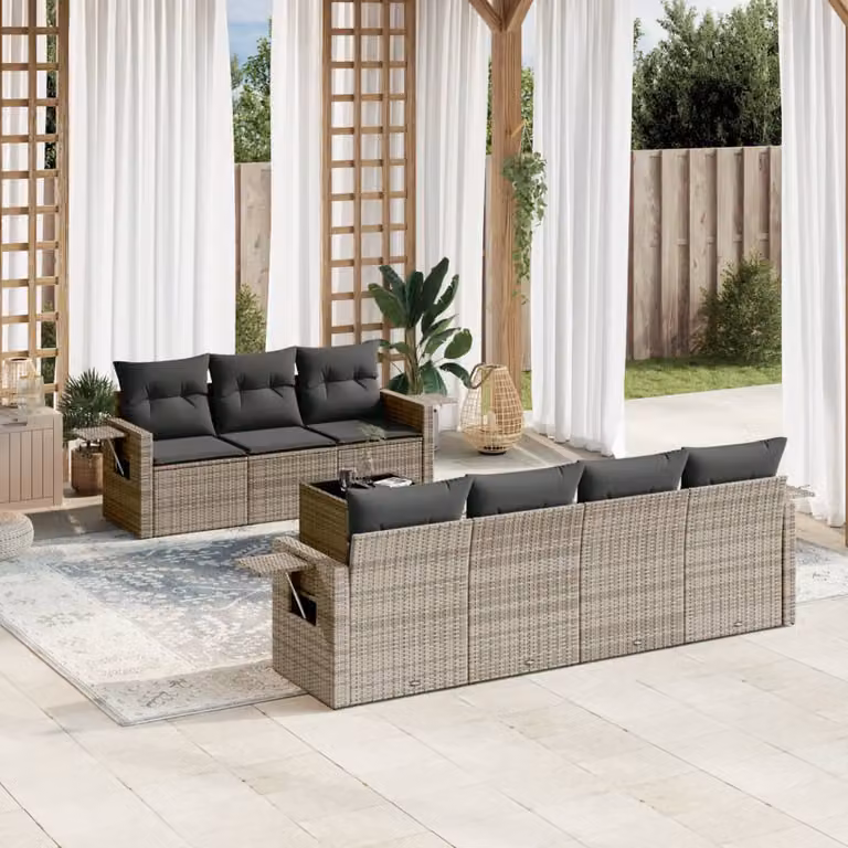 vidaXL Set Divano da Giardino 8 pz in Polyrattan Grigio con Cuscini e Tavolino