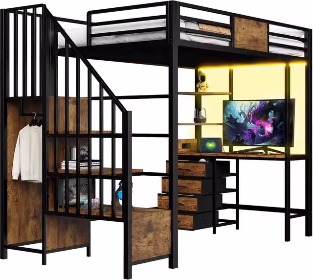 Letto a soppalco 90x200 cm con scrivania; LED e presa; MDF e metallo nero