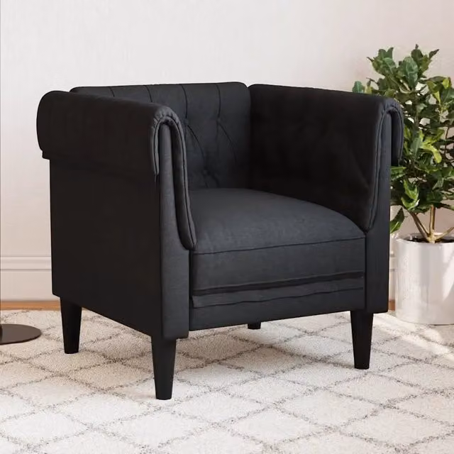 Poltrona Chesterfield Nera in Tessuto con Struttura in Legno Solido