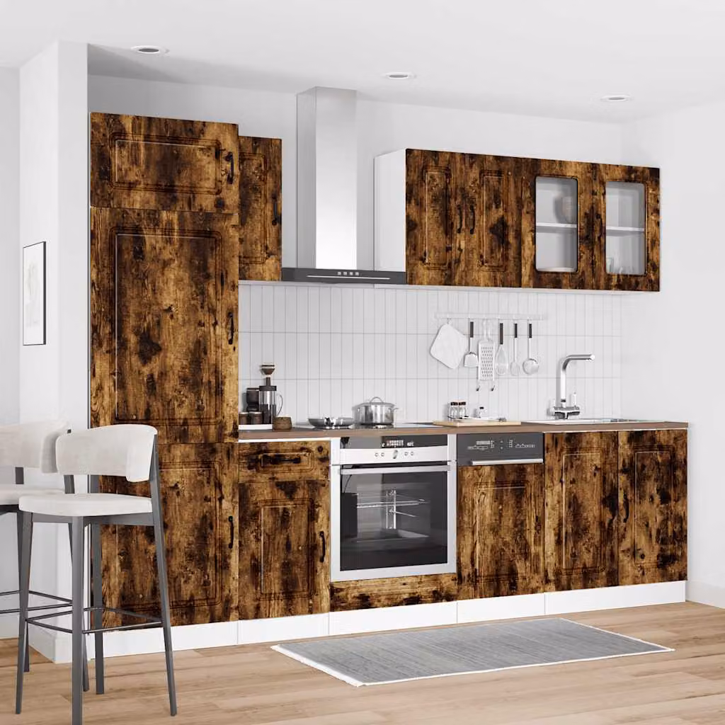 Set Mobili da Cucina vidaXL Kalmar 8 Pezzi in Rovere Fumo e Legno Multistrato con Ante in Vetro, Marrone, L/P/H: 207 x 60 x 57 cm
