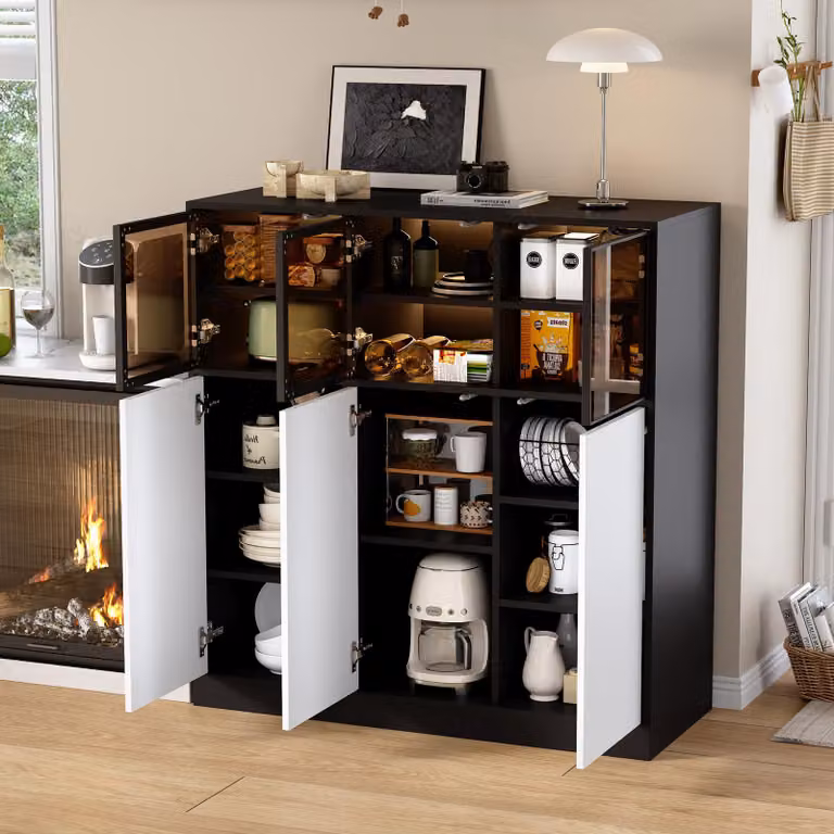 Mobiletto da cucina STILVORA con barra illuminante a LED, credenza con 3 ante in vetro, 3 ante bianche, ideale per soggiorno, cucina e sala da pranzo, disponibile in nero e bianco