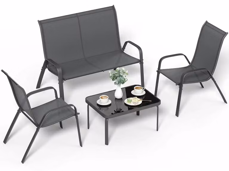 Set di mobili da giardino: gruppo da salotto composto da 4 pezzi, comprensivo di una panca, 2 sedie, un tavolino in vetro e una struttura in metallo rivestita in Textilene. Resistente agli agenti atmosferici, ideale per l'uso esterno. Colore: grigio