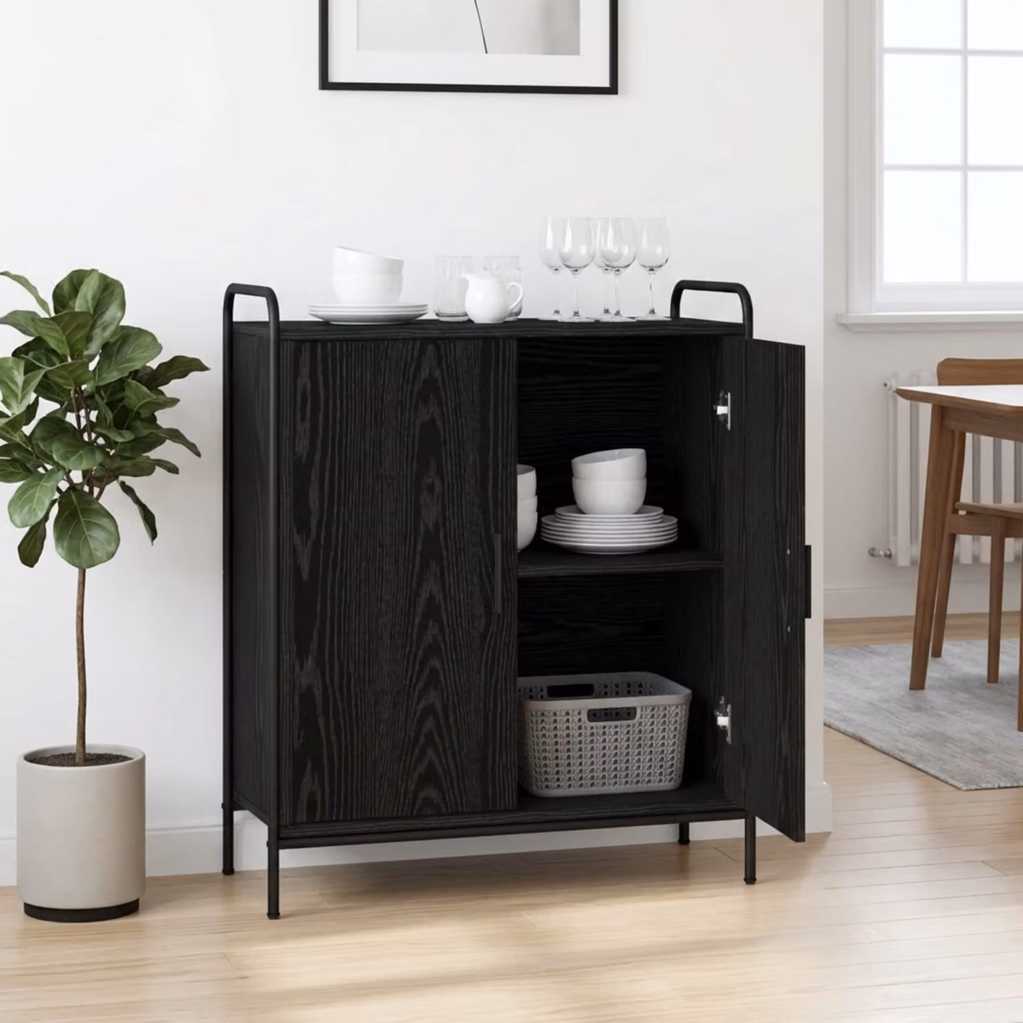 Credenza moderna vidaXL in legno ingegnerizzato e metallo, colore nero opaco, L 97 x P 33 x H 81 cm