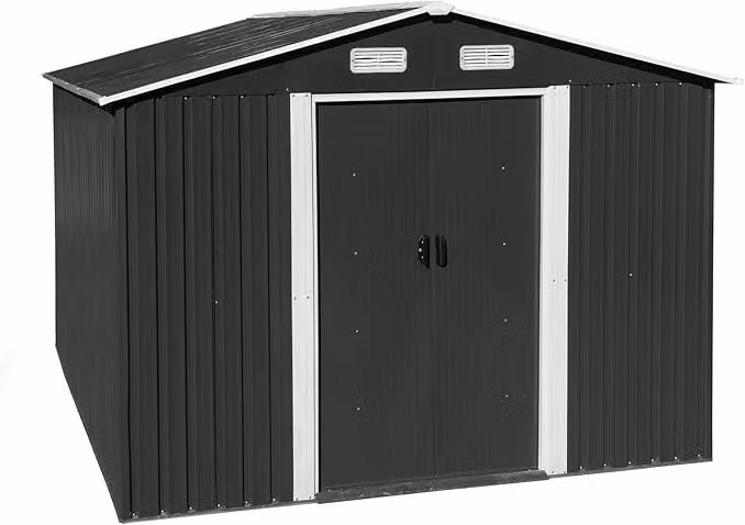 Capanno per attrezzi, casetta da giardino, dimensioni 392x257x178 cm. Capanno/casetta in metallo con tetto a due falde, base, porta scorrevole, colore antracite