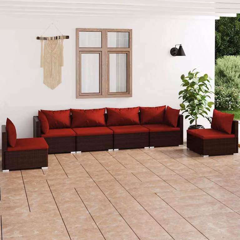 vidaXL Set di Divani da Giardino 6 pz in Polyrattan Marrone con Cuscini e Struttura in Acciaio Verniciato a Polvere