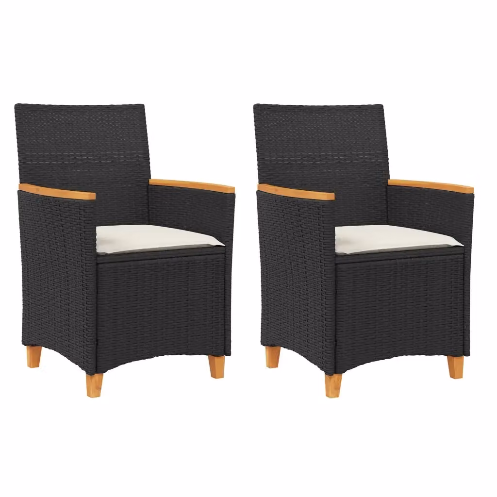 Set di 2 sedie da giardino vidaXL in polyrattan e legno di acacia con cuscini neri e bianchi e braccioli – 2
