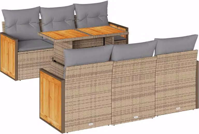 Set Divani da Giardino 7 pz con Cuscini Beige Polyrattan Acacia