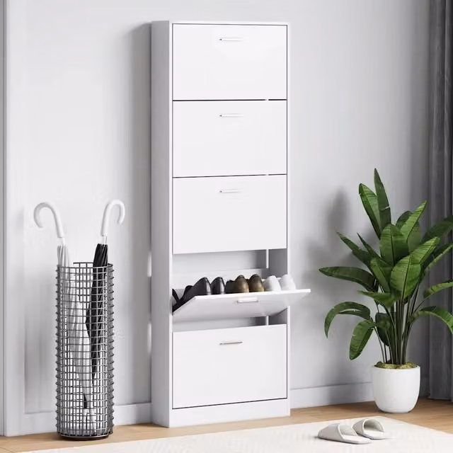 Scarpiera moderna da parete vidaXL bianca con scomparti basculanti in legno e plastica