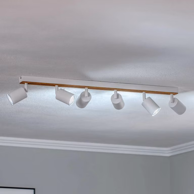 Faretto da soffitto Tino, bianco/legno, a 6 luci, 80 cm Tino Luminex, dimmerabile, Bianco / Opale, Soggiorno / Sala da pranzo, Metallo, Faretto alogeno