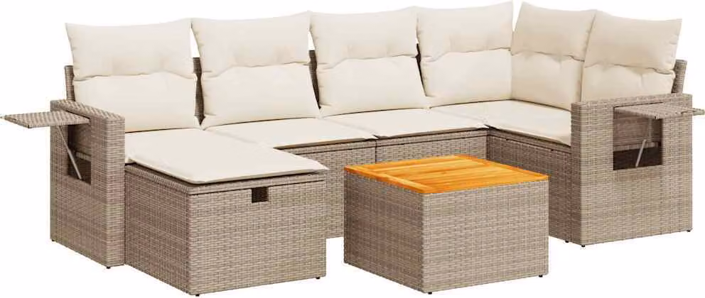 Set Divani da Giardino 7 pz con Cuscini Beige in Polyrattan