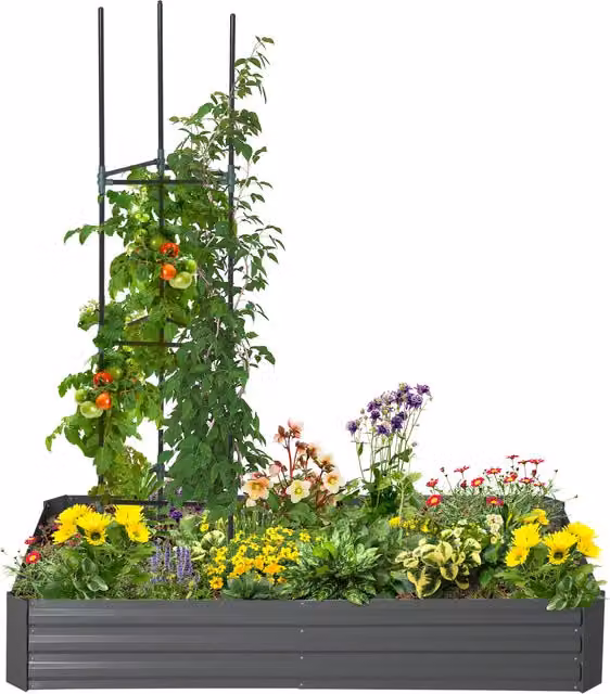 Outsunny Carré fioriera rettangolare in metallo con tutori per piante rampicanti e orto, colore antracite, L: 180 cm, P: 90 cm, H: 29,5 cm