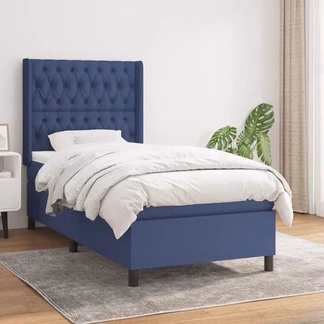 Letto Ibrido vidaXL con Giroletto a Molle e Materasso in Tessuto Blu e Bianco L/P/H: 90 x 190 x 25 cm – 1