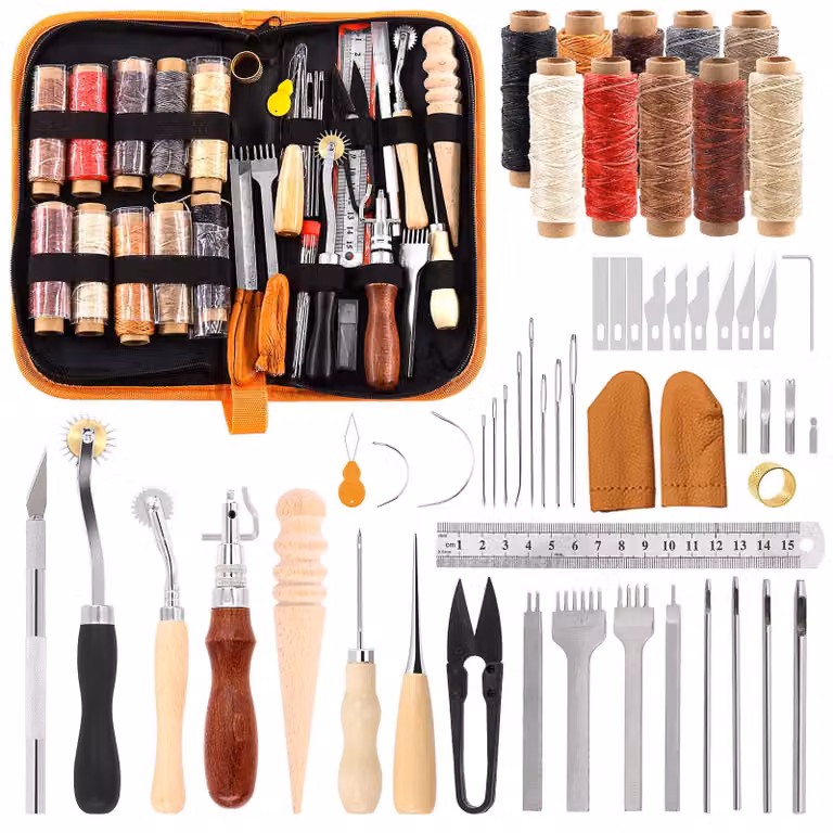 Set di 46 utensili in pelle, completo di filo, ago e strumento per forare