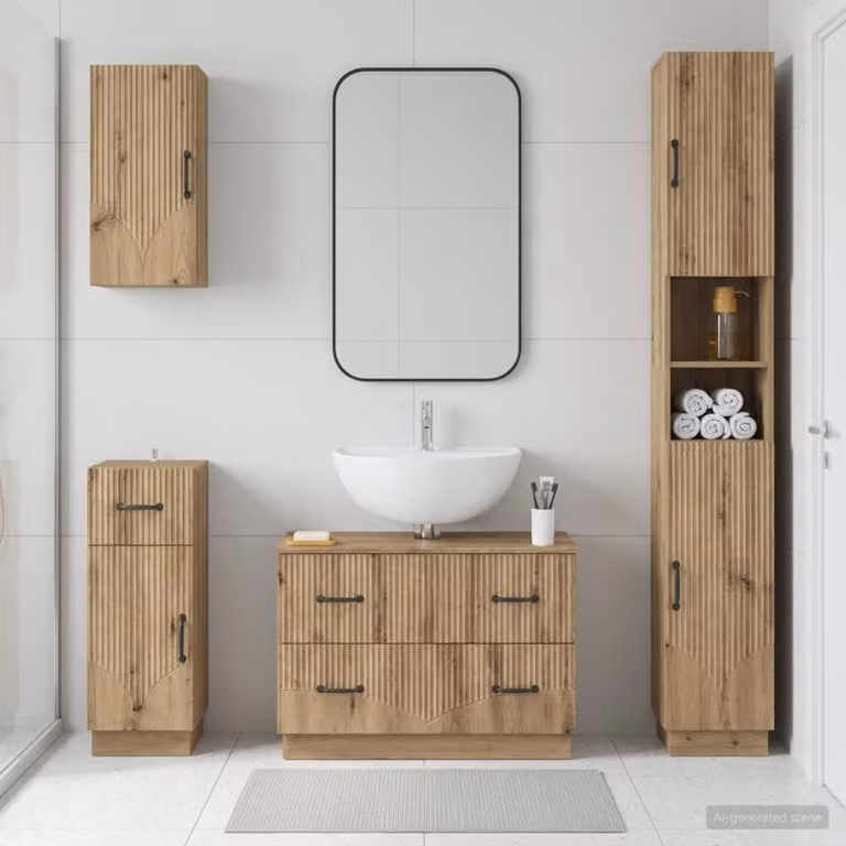 Set di mobili da bagno moderno vidaXL HOORN in legno rovere marrone composto da 4 pezzi con mobile lavabo e pensile a muro