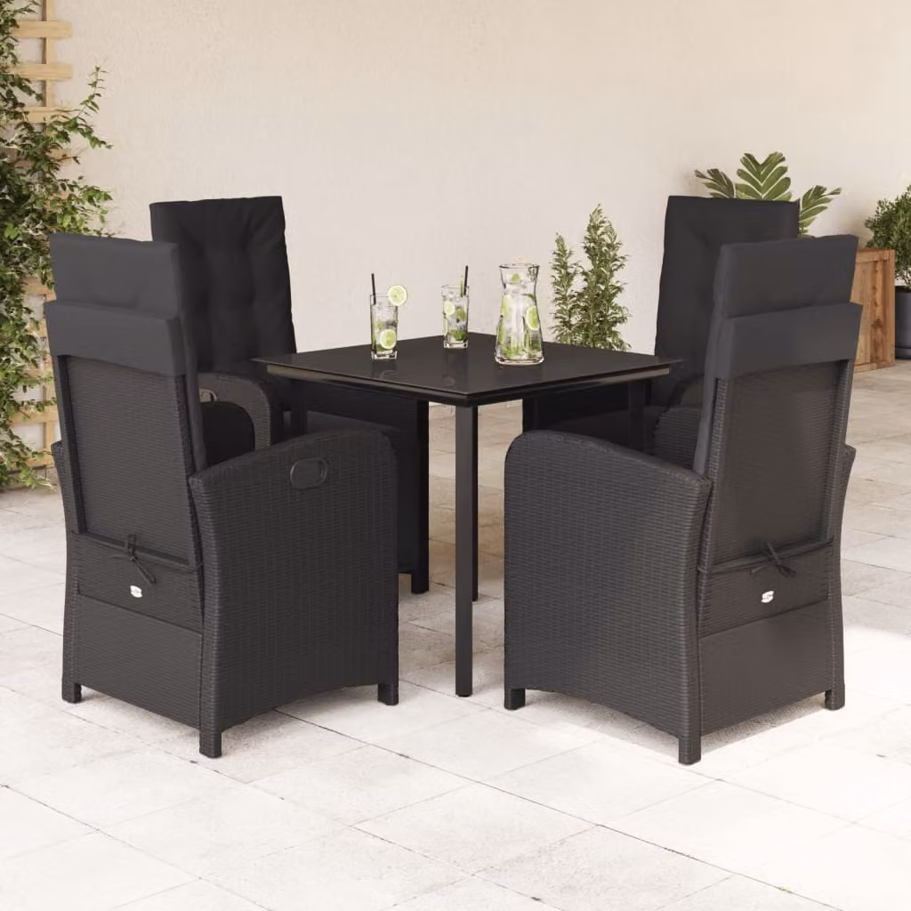 Set da Pranzo da Giardino vidaXL 5 pz in Polyrattan Nero con Cuscini e Tavolo in Vetro