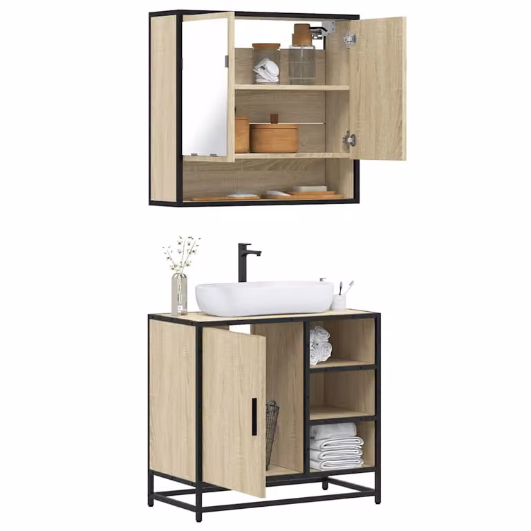 Set di mobili da bagno vidaXL 2 pezzi in stile industrial marrone con mobile lavabo e armadietto con specchio e illuminazione LED in legno e metallo