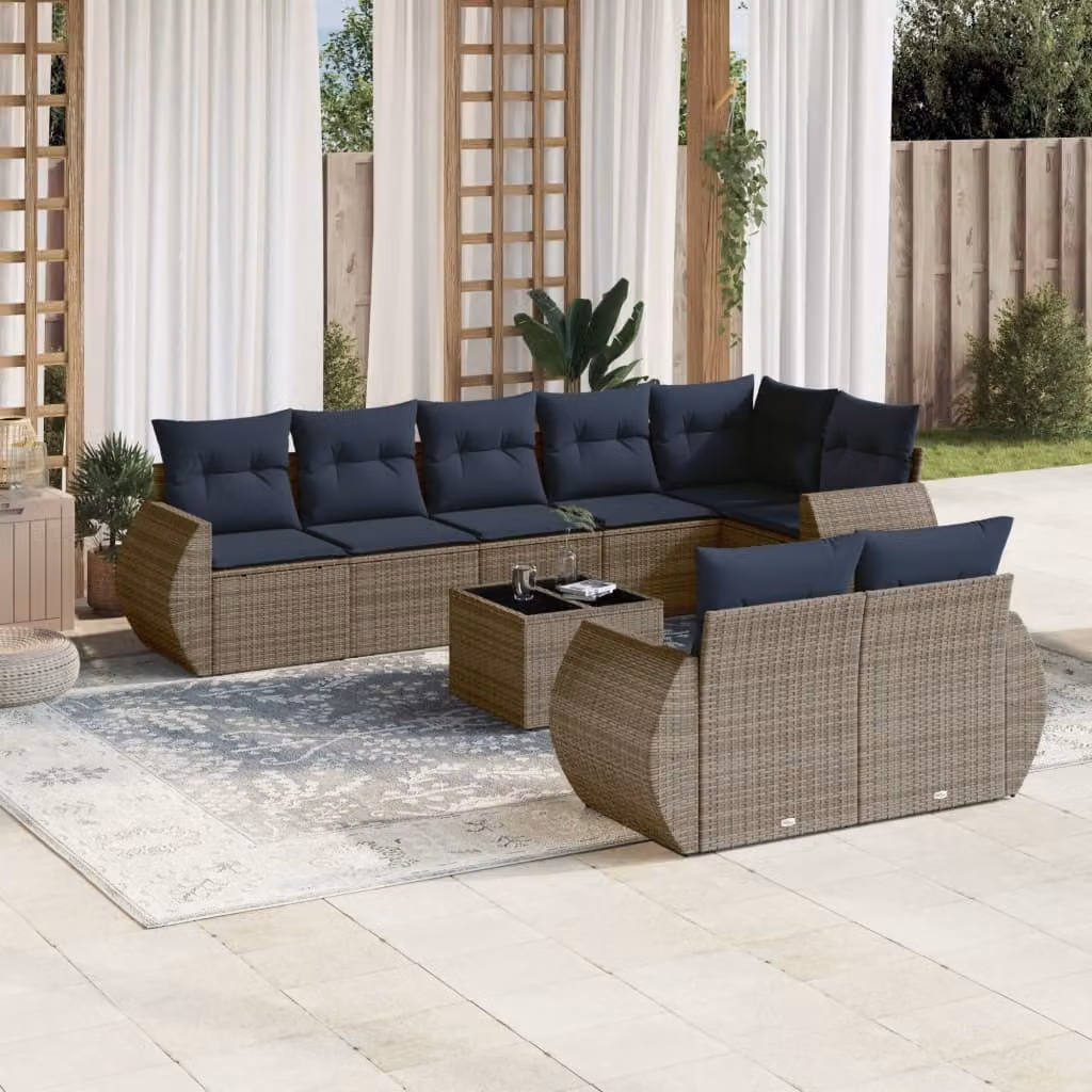 Set di divani da giardino vidaXL 9 pz a forma di L con tavolo da caffè in vetro e cuscini grigi e blu in polyrattan e metallo