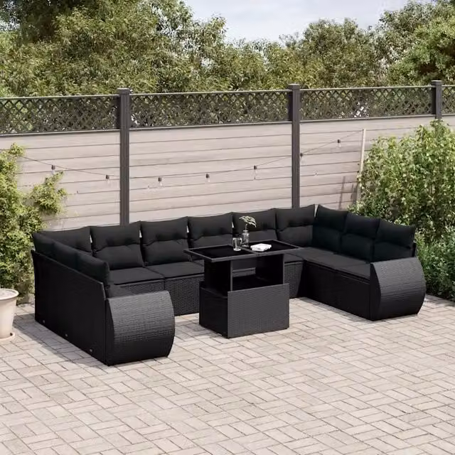 Set di Divani da Giardino a L vidaXL in Polyrattan Nero con 11 Pezzi e Cuscini Inclusi – 1