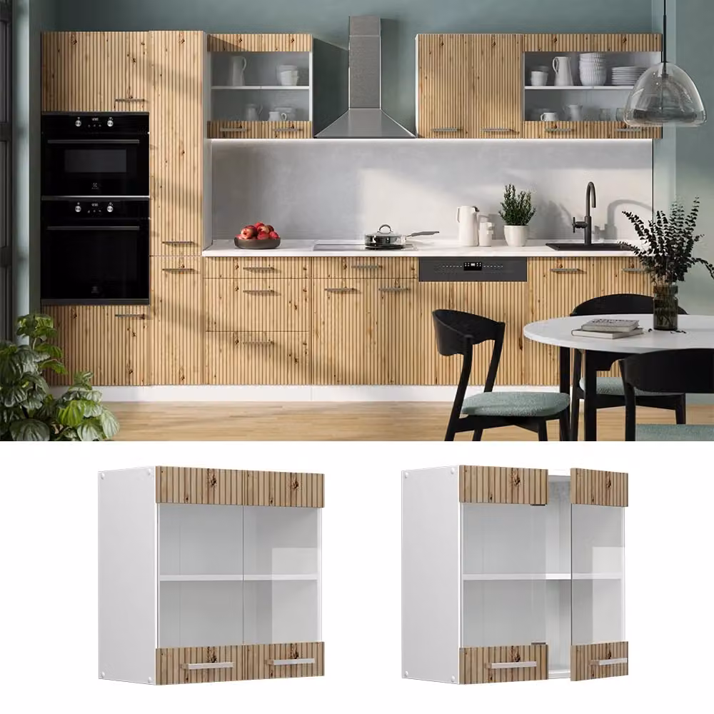 Pensile da cucina Vicco R-Line con ante in vetro, Rovere e Bianco, L: 60 cm – 2