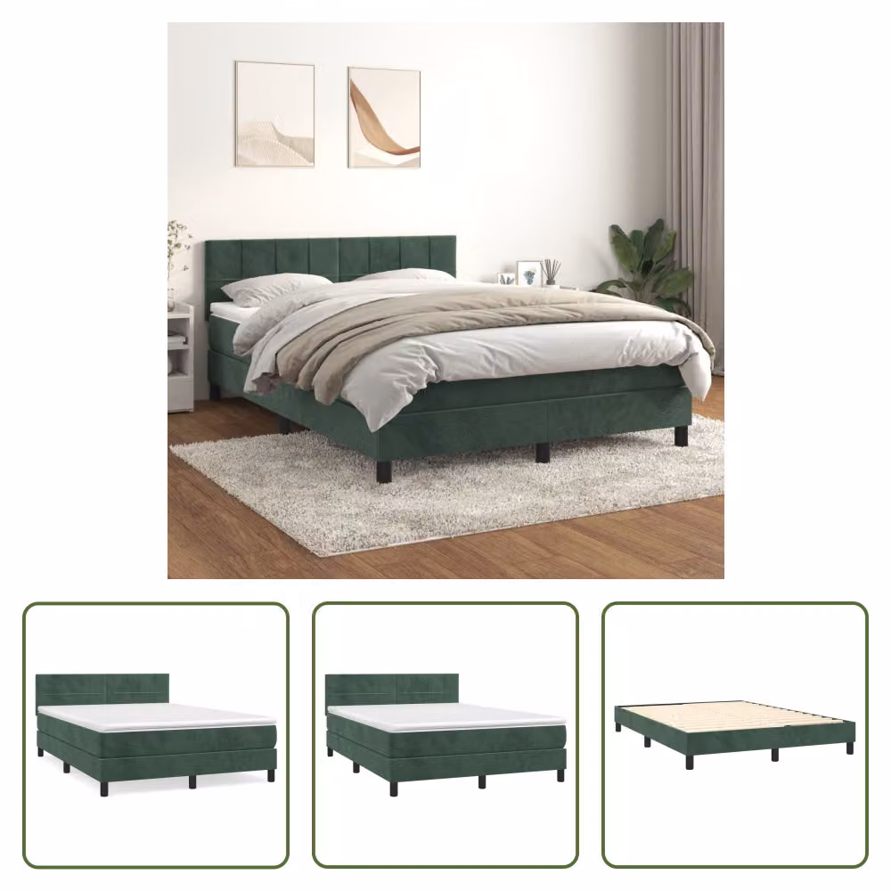 The Living Store Letto a molle con materasso verde scuro 140x190 cm in velluto