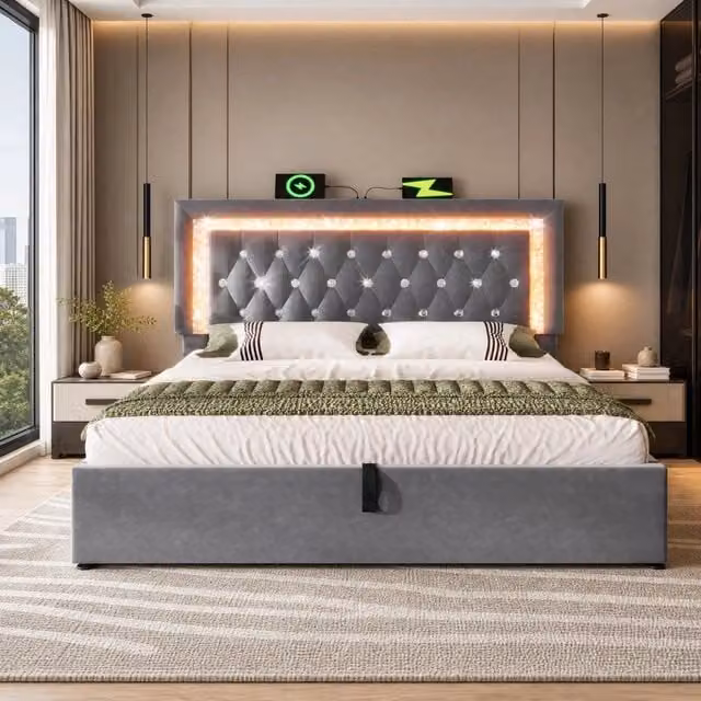 Letto imbottito 180x200 cm in velluto grigio con contenitore idraulico, lampada LED integrata, ricarica USB e Type-C, con rete a doghe