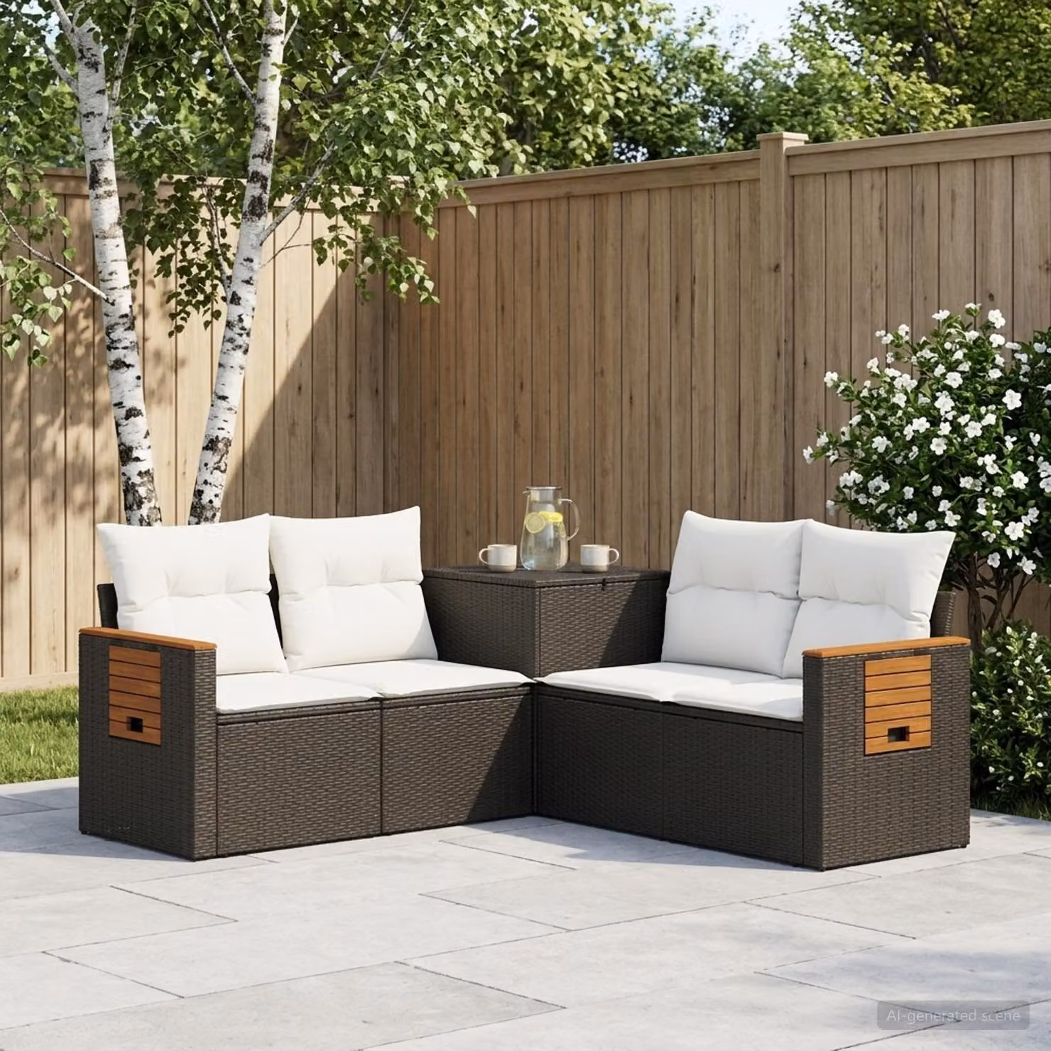 vidaXL Set di divani da giardino a forma di L in polyrattan nero e bianco crema con cuscini inclusi