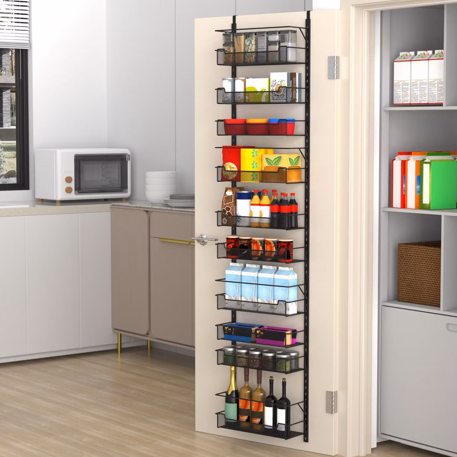 Scaffale a 10 ripiani per porte, con cesti regolabili, altezza 77,95 pollici, colore nero